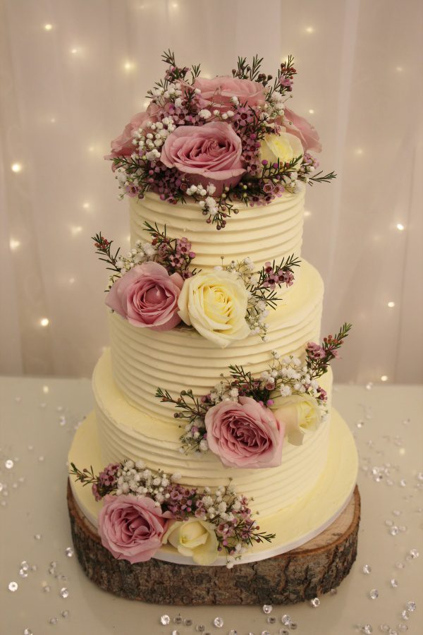 Buttercream Wedding Cake with Lines and Dusky Pink Roses No.W258 - Image 3