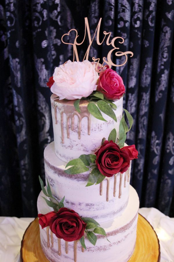 Semi Naked Wedding Cake with Gold Drip and Silk Flowers No.W099 - Image 2