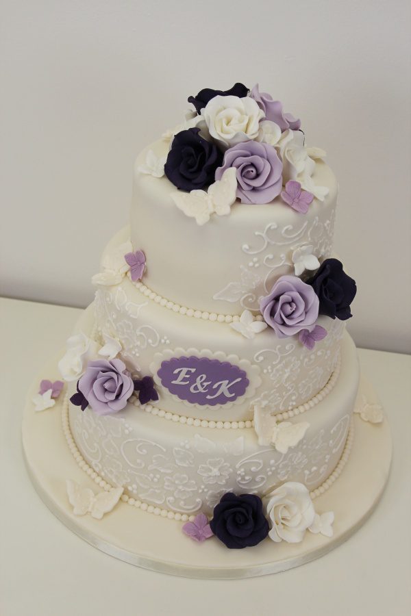 Wedding Cake with Purple Roses and Initials No.W265 - Image 2