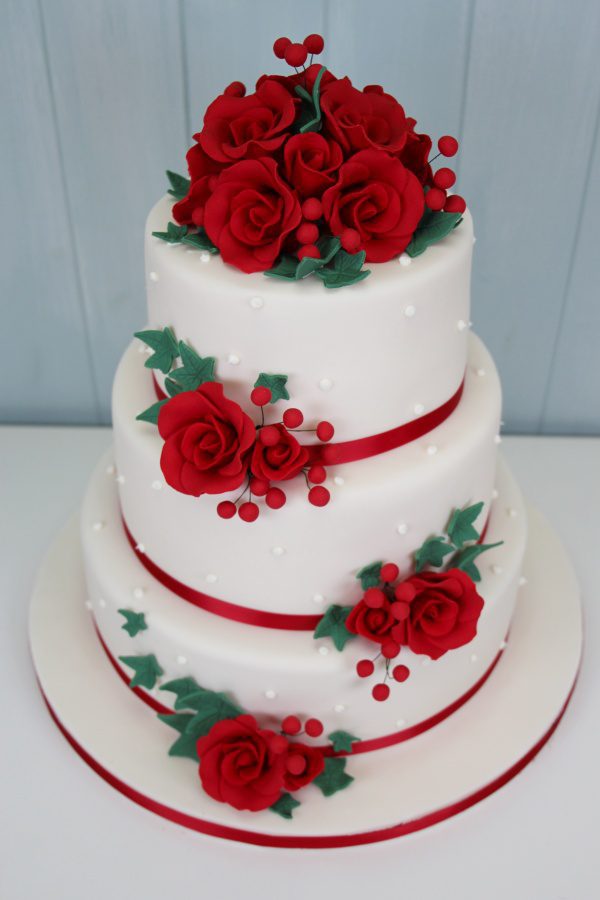 Wedding Cake with Red Roses and Red Berries No.W266 - Image 2