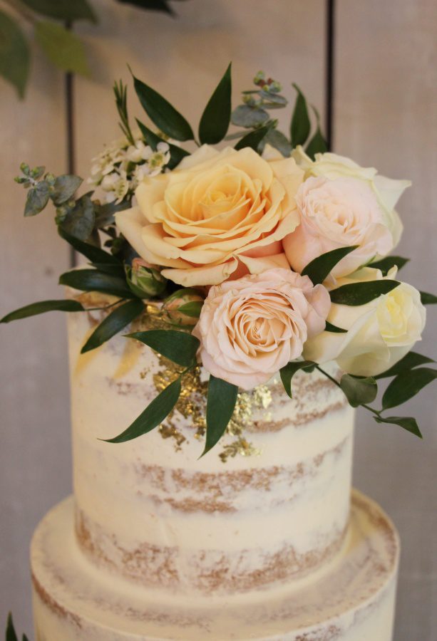 Semi Naked Wedding Cake with Flowers and Gold Leaf No.W282 - Creative Cakes