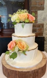 Buttercream Wedding Cake with Gold Edge and Silk Flowers No.W223p