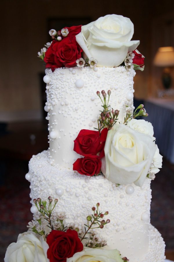 Buttercream Wedding Cake with Pearls and Red Roses No.W295 Creative Cakes
