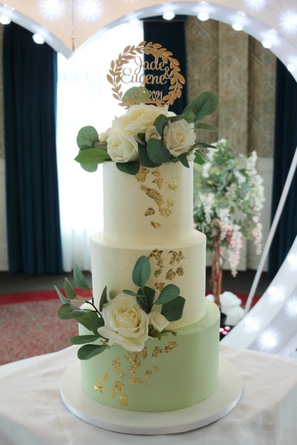 Sage Green Buttercream Wedding Cake with Gold Leaf No.W248 - Image 2