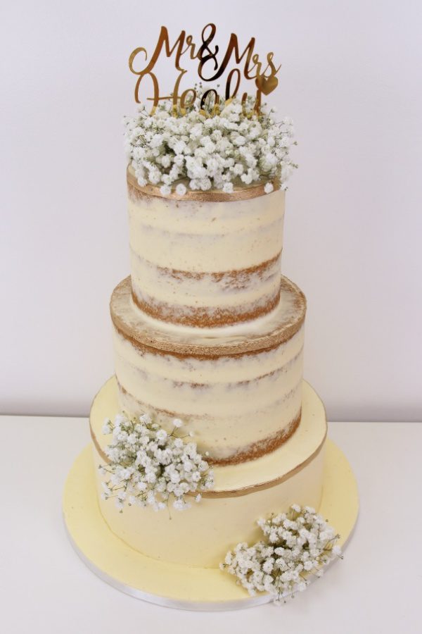 Semi Naked Wedding Cake with Baby Breath and Gold Line No.W286 - Image 2