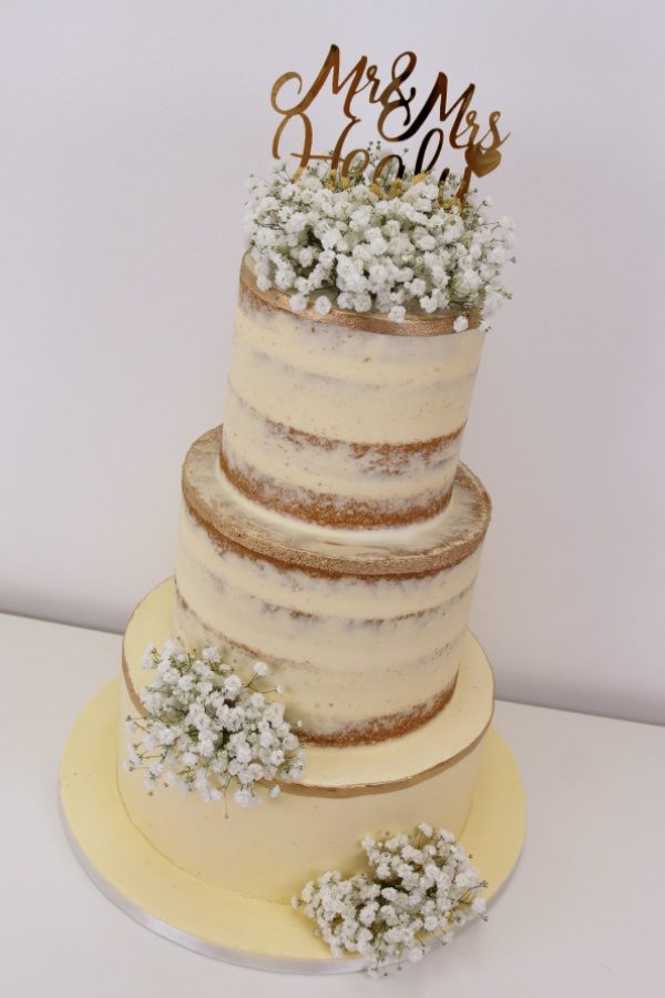Semi Naked Wedding Cake with Baby Breath and Gold Line No.W286 - Image 4