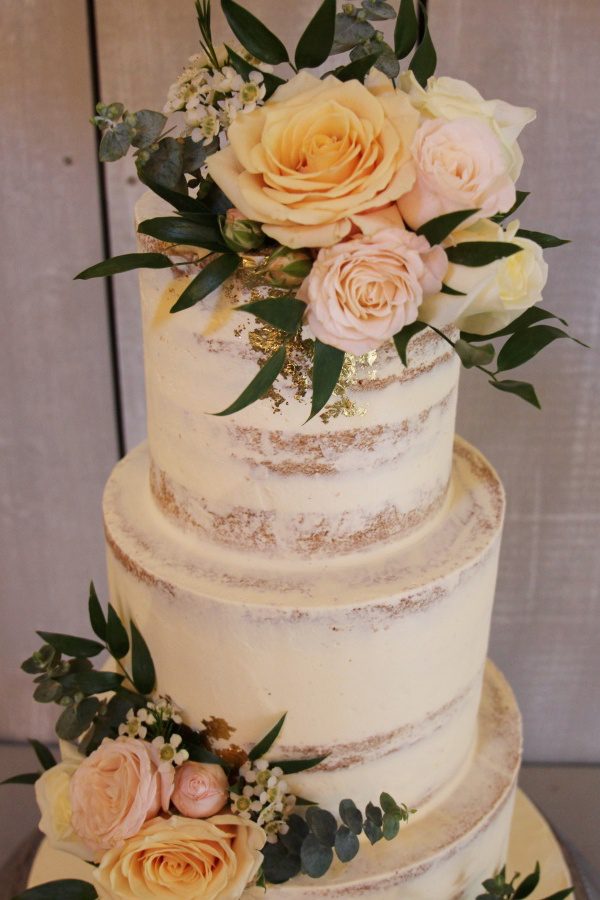 Semi Naked Wedding Cake with Flowers and Gold Leaf No.W282 - Image 5