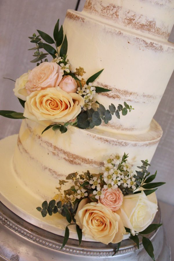 Semi Naked Wedding Cake with Flowers and Gold Leaf No.W282 - Image 3