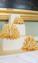Square Wedding Cake with Gold Sugar Flowers No.W157ap