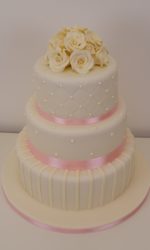 Ivory Wedding Cake with Pink Ribbon and Stripes No.W291p