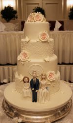 Ivory Wedding Cake with Roses and Family Cake Topper No.W345p