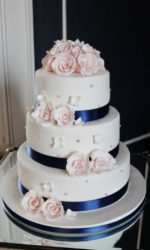 Pink Roses, Navy Ribbon and Diamonds Wedding Cake No.W092ap