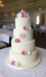Pink Roses and Initials Wedding Cake No.W140p