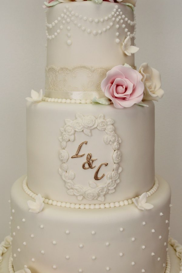 Wedding Cake with Ivory Ruffles and Pink Roses No.W334 - Image 2