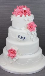 White Lace and Pink Roses Wedding Cake No.W175ap