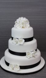 White Wedding Cake with White Roses and Black Ribbon No.W178ap
