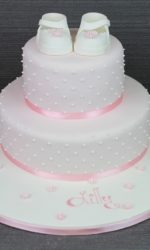 Baby Pink Christening Cake with White Dots and Booties No.CH030p