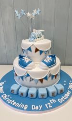 Blue and White Christening Cake with Bunting, Booties and Train No.CH015p