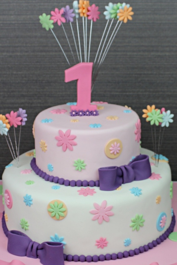 Pastel Flowers and Purple Bows Birthday Cake No.K052 - Image 2
