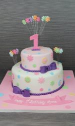 Pastel Flowers and Purple Bows Birthday Cake No.K052wp