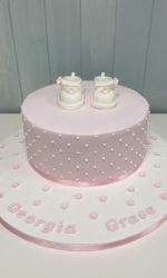 Pink Christening Cake with White Dots and Baby Booties No.CH016p