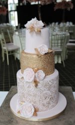 Gold Sequins and Pale Pink Roses Wedding Cake No.W356