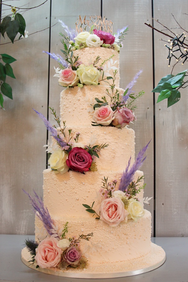 Pearl Buttercream Wedding Cake with Pink Roses No.W370 - Image 2