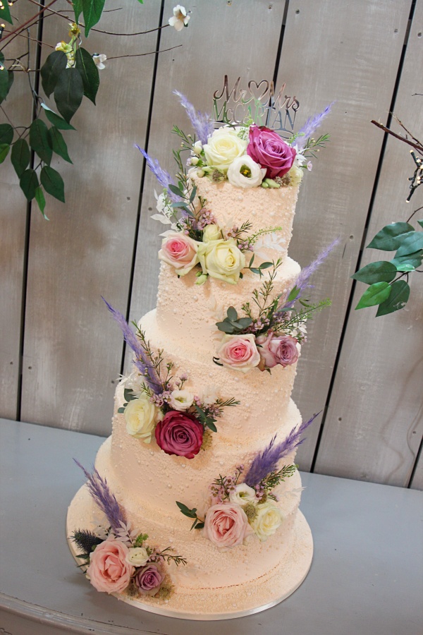 Pearl Buttercream Wedding Cake with Pink Roses No.W370 - Image 5