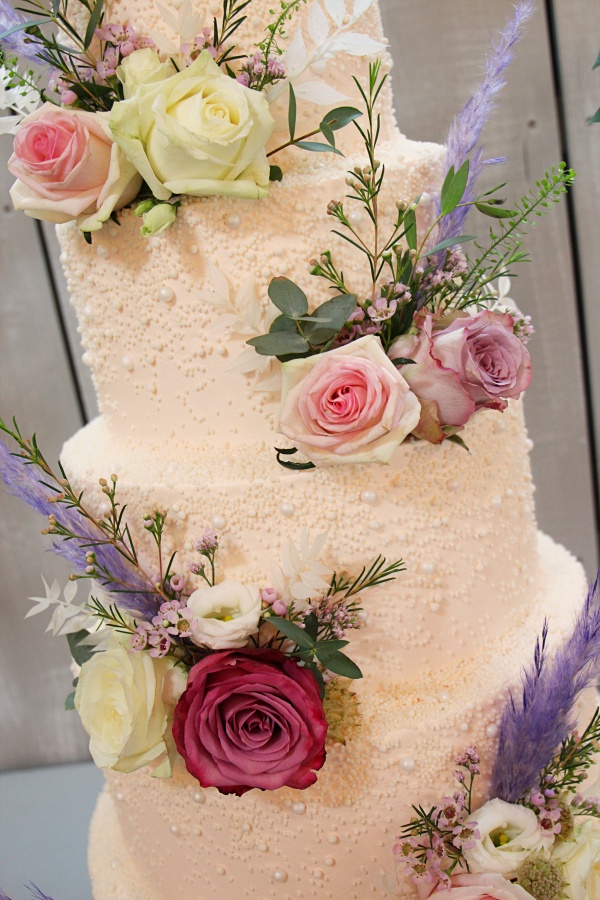 Pearl Buttercream Wedding Cake with Pink Roses No.W370 - Image 4