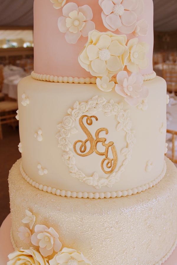 Pink and Ivory Shimmer Wedding Cake with Gold Initials No.W366 - Image 2