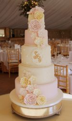 Pink and Ivory Shimmer Wedding Cake with Gold Initials No.W366ap