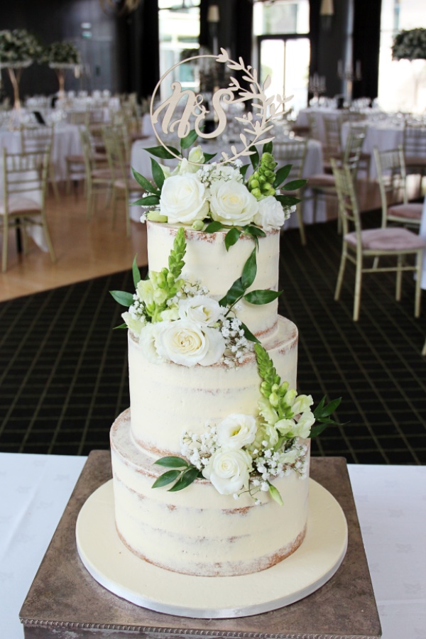 Semi Naked Wedding Cake with Flowers and Cake Topper No.W368 - Image 2