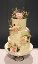 Buttercream Cake with Lines and Pink Florals No.W390