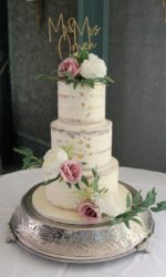 Semi Naked Wedding Cake with Silk Flowers and Cake Topper No.W394