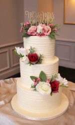 Buttercream Cake with Lines and Silk Flowers No.W416