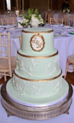 Pale Green Cake with White Leaves and Gold Initials No.W422