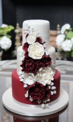 Wedding Cake with Burgundy and Ivory Sugar Flowers No.W431