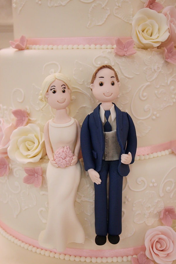 Wedding Cake with Pink Roses, Lace and Cake Topper No.W381 - Image 2