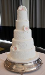 White Wedding Cake with Piped Lace and Initials No.W408
