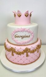 Pink Crown and Gold Pearls Christening Cake No.CH046m