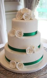Wedding Cake with Green Silk Ribbon and White Roses No.W455