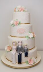 Wedding Cake with Peach Roses and Gold Ribbon No.W457